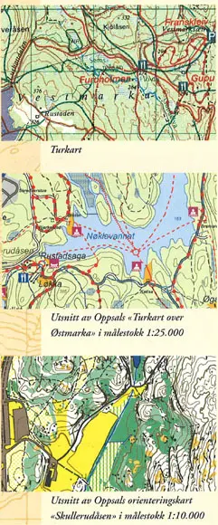 Tre kart i ulike målestokker: turkart, utsnitt av Oppsals Turkart over Østmarka i 1:25.000, og utsnitt av Oppsals orienteringskart Skullerudåsen i 1:10.000