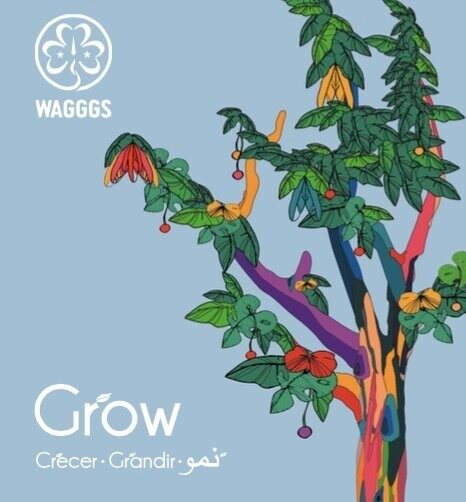 Illustrasjon av et fargerikt tre med teksten "Grow - World Thinking Day 2017"