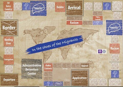 Spillebrettet til «In the Shoes of the Migrants» med verdenskart og spillfelt som viser flyktningruten