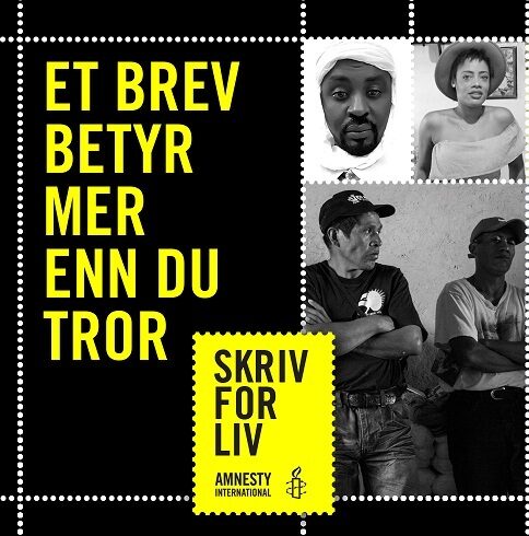 Plakat for Amnesty Internationals "Skriv for liv"-kampanje med teksten "Et brev betyr mer enn du tror"