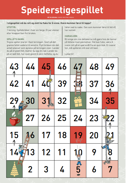 Spillebrettet til Speiderstigespillet med julemotiv – et 7x7-rutenett med tall fra 1 til 49, stiger og tau, og julemotiver på utvalgte felt