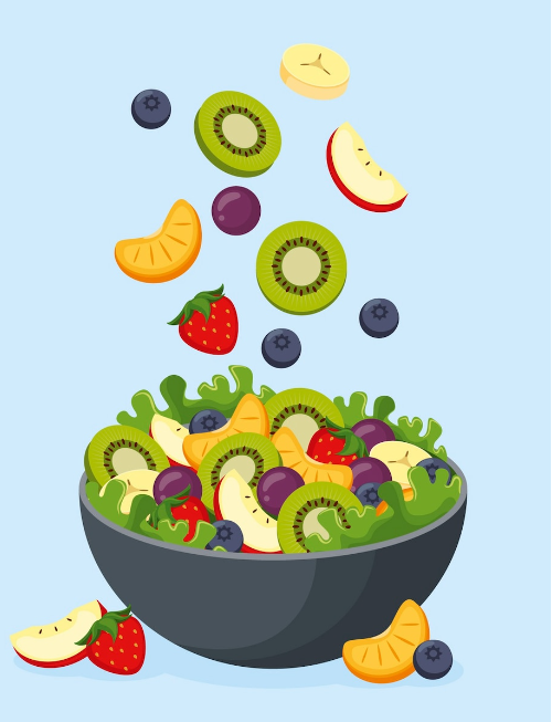 Illustrasjon av en fargerik fruktsalat med epler, jordbær, kiwi, blåbær og appelsin