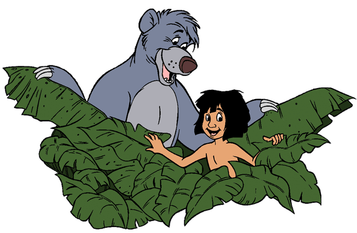 Tegning av Baloo og Mowgli blant grønne jungelblader
